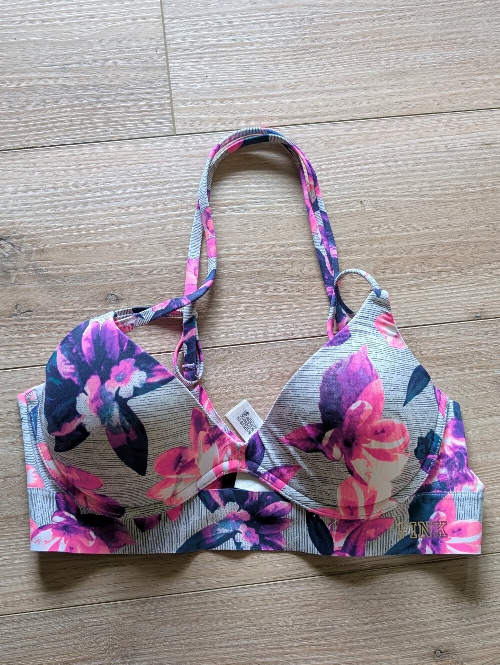 PINK Victoria's Secret BONDED Floral Pink & Purple T-Shirt Push Up Bra